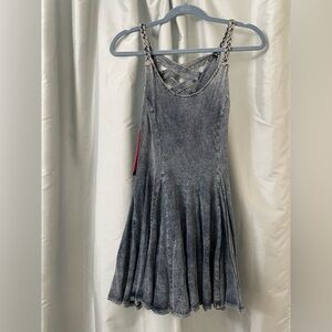 Teen Vogue Macy's Gray Blue Denim Mini Dress with Braided Sleeves and crisscross